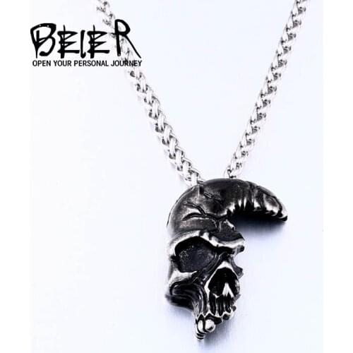BEIER ugly punk half skull face necklace stainless steel man pendant unique party jewelry titanium steel For man gift BP8-387