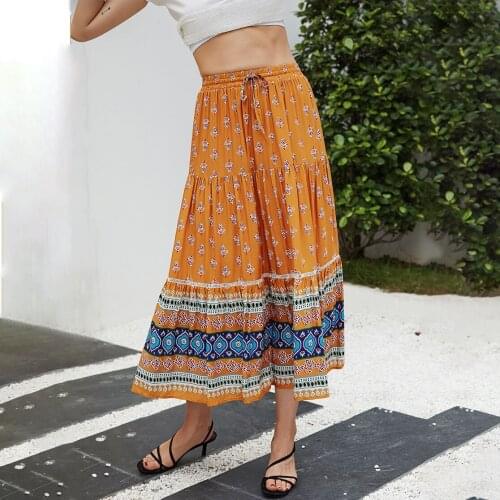 New Womens Skirts Casual All-match Skirt Loose Elastic Waist Floral Ethenic Style Boho Skirt LBohemian Style Skirt Casual
