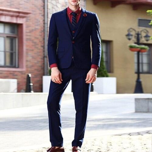 Autumn Fashion Luxuary Dark Blue Men Suit Slim Fit Groomsmen Tuxedo For Wedding Business Party Male Clothing (Jacket+Vest+Pants)