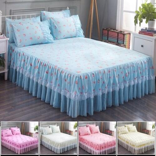 Floral Fitted Sheet Cover Graceful Lace Bedspread Bedroom Bed Cover Skirt Decor Non-slip Mattress Bed Skirt With 2 Pillowcase