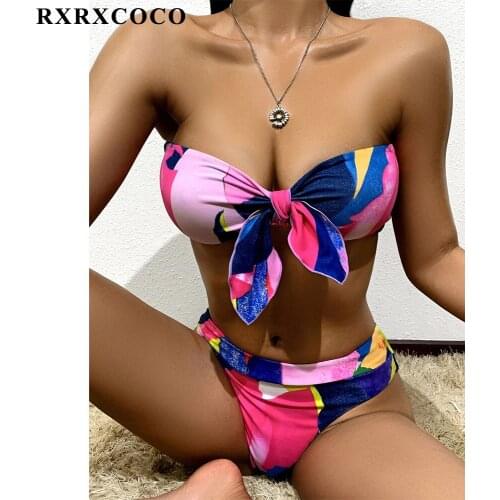 RXRXCOCO Printed Bandeau Women Bikini 2021 High Waist Bikini Set Push Up Swimsuit Beachwear Bathing Suit Solid Swimwear Women