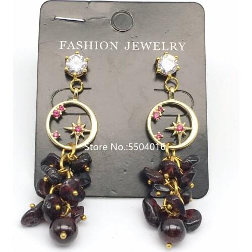 Natural Garnet Stone Beads Dangle Drop Earrings Women Copper Crystal Fashion Wedding Party Red Garnet Stud Earring Jewelry Gifts