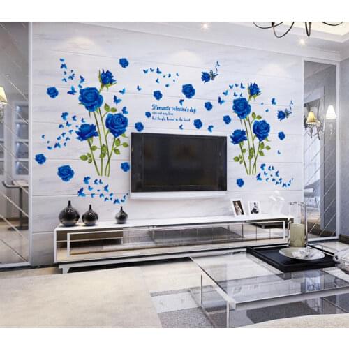 Blue Rose Flowers Wall Stickers Sofa TV Background Stickers Home Decoration DIY Bedroom Living Room Mural Art Decals Sticker