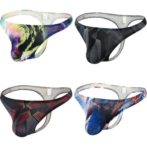 G Strings Mens Thongs Print Underwear Ice Silk Sexy Men Sissy Panties Tanga Hombre Jockstrap Penis Bag Breathable Gay Underwear