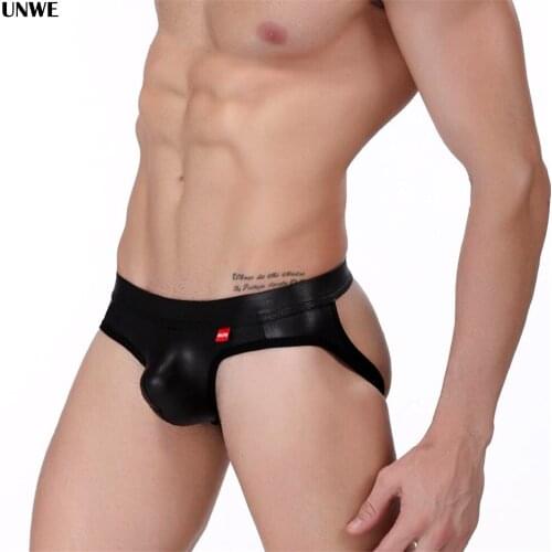 EU S-L PU Jockstrap Homme Sexy Gay Man Thong Panties Exotic G String Male Underwear Patent Leather Open Back