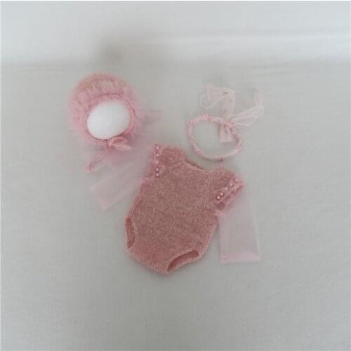 Vintage Mohair Baby Girl Lace Romper Set Soft Pink Newborn Girl Tieback and Overalls Photo Prop Girls Bonnet with Pearl Headband