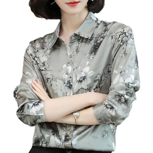 Womens Silk Blouses and Shirts Floral Printed Long Sleeve Shirts Button Up 2021 Summer And Autumn With Turn Down Collar