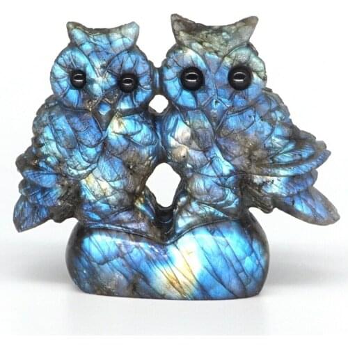 3" Owls Statue AA Natural Gems Labradorite Crystal Carved Animal Figurine Decor