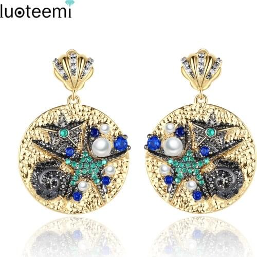 LUOTEEMI Big Round Gold Women Earrings Sea World Fancy Gemstone Cubic Zircon Jewelry Imitation Pearl Earring