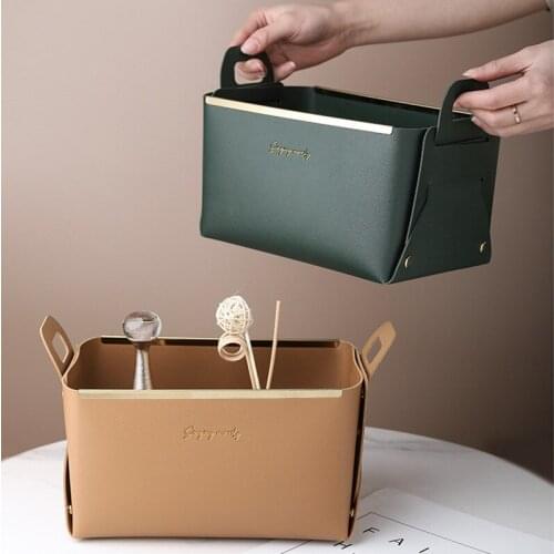 PU Leather Storage Basket Home Desktop Finishing Foldable Cosmetic Container High Capacity with Handle Sundry Key Storage Tray