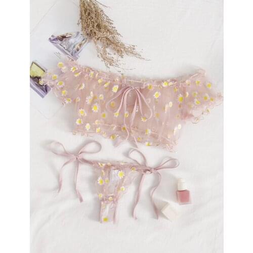 2Pcs Women Suit Sexy Sheer Daisy Floral Printing Off-Shoulder Crop Top + Bow knot Tie-Waist Thong-Panty Underwear Sets