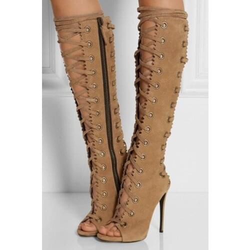 Brown Roman Boots Knee High Boots Zip Peep Toe Thin Heels Cross-tied Lace-up Womens Sandals Botas Femininas High Heels Sandals