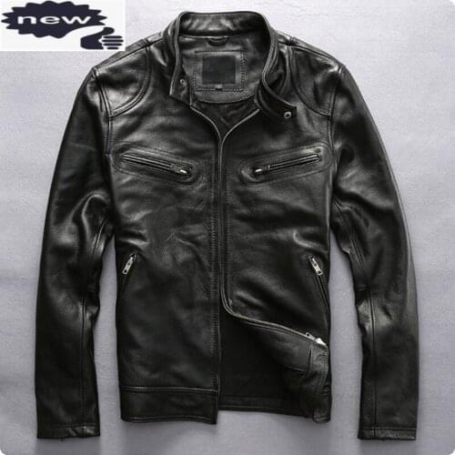 Korean Style Slim Fit Mens Short Cow 100% Real Leather Jackets Biker Motorcycle Coat For Male Stand Collar Chaquetas Hombre