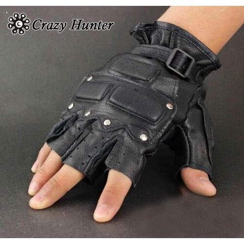 Mens Biker Fingerless Stud Real Leather Gloves With Knuckle Protection