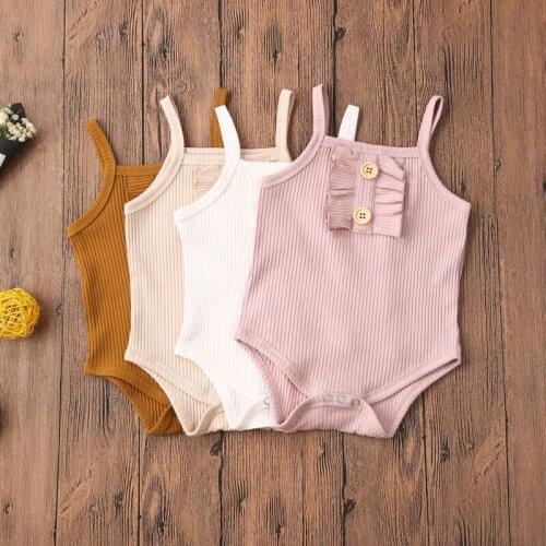 Newborn Infant Baby Girl Kids Romper Jumpsuit Playsuit Spaghetti Strap Knit Clothes Solid Button Outfits