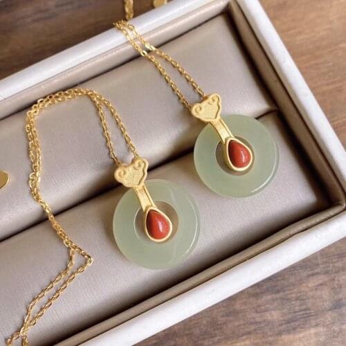 Original S925 Sterling Silver Natural Hetian Jade Peace Buckle Natural Jade Temperament Female Clavicle Chain Pendant Sets of Ch