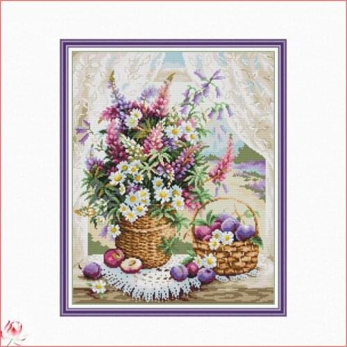 Window Sill Flower Basket Cross Stitch Kit 14ct 11ct Printed Fabric Embroidery Kit DIY Handmade Needlework Home Decoration Craft