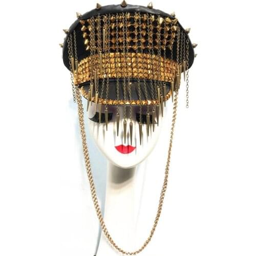 Female Military Hats Gold Silver Rivet Fringes Army Cap Bar Stage Dancer Singer Performance Accessories Headgear