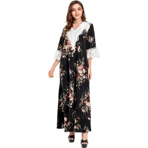 Modest Lace Dress For Women Muslim Abaya Ramadan Eid Jalabiya Black Dubai Arabic Moroccan Kaftan Clothing