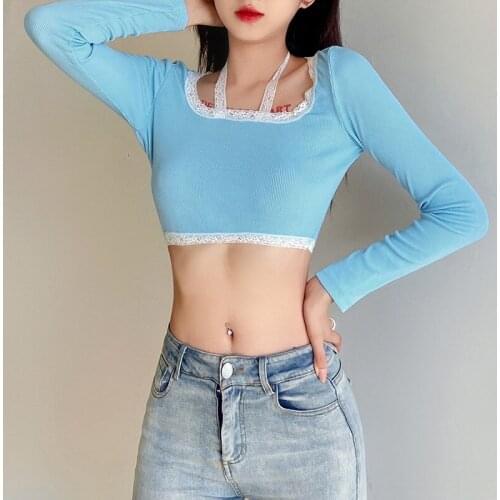 Autumn new womens solid color Slim navel fashion square neck long-sleeved T-shirt for women