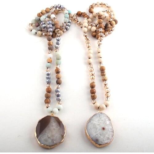 RH Fashion Bohemian Tribal Jewelry Crystal / Stone Long Knotted Natural Gray Agt Pendant Necklaces For Women Jewelry