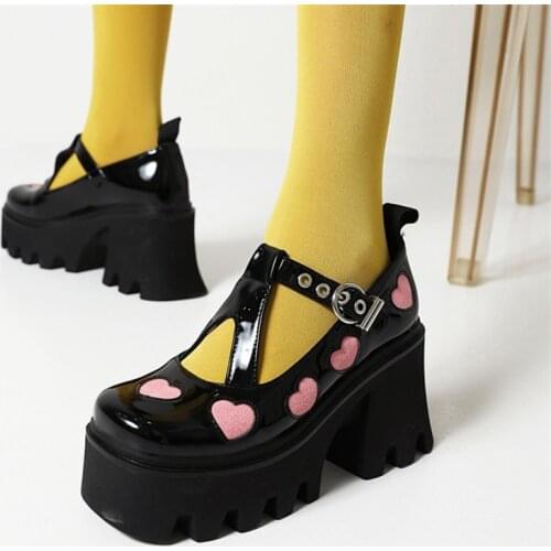 PXELENA Plus Size 34-43 Gothic Women T Tied Punk Shoes Heart Shaped Chunky Block High Heels Thick Platform Pumps Patent Leather