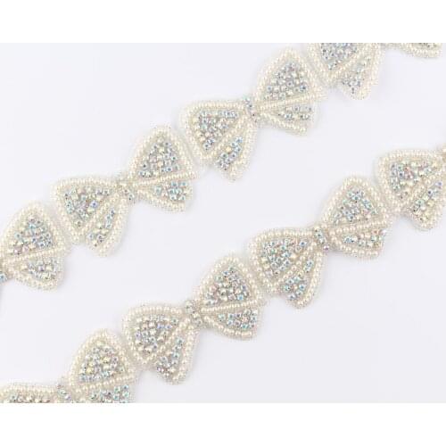 10Yard Handmade Cute Pearl Bow Rhinestone Applique Patch Trim Hot-Fix Crystal Pearl Applique Trimming For Bridal Embellishment
