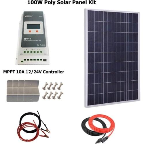 100w Solar Panel Polycrystalline solar panel system kit w/10A MPPT solar charge controller, cables, Z bracket RV Boat Home