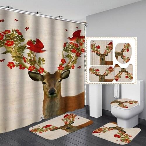 3D Animal Deer Design Shower Curtains Bathroom Screen Decor with Hooks 4pcs Set Toilet Cover Floor Mat Non-Slip Washroom Rug
