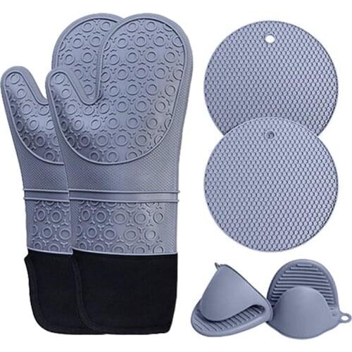 6 Pcs Extra Long Oven Mitts Pot Holders Sets Heat Resistant Silicone Oven Mittens Kitchen Microwave Gloves Baking Cooking Tools