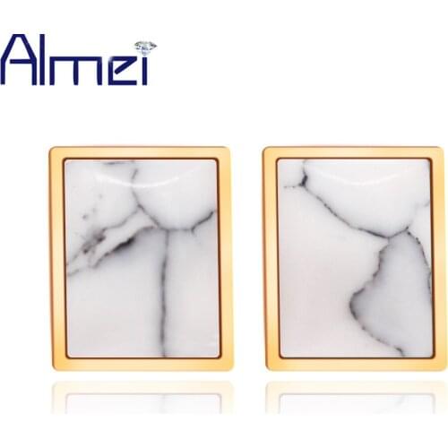 Almei White Earrings for Women Rectangular Earring with Stones Rose Gold Color Geometric Earings Jewelry Gifts for Girls JE131