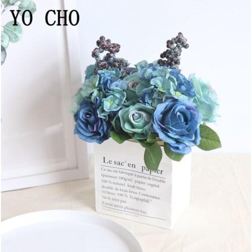 Blue Small Roses Hydrangea Artificial Flowers Silk Rose Fake Berries Flowers Home Vase Desk Decor for Wedding Fake Flower Roses