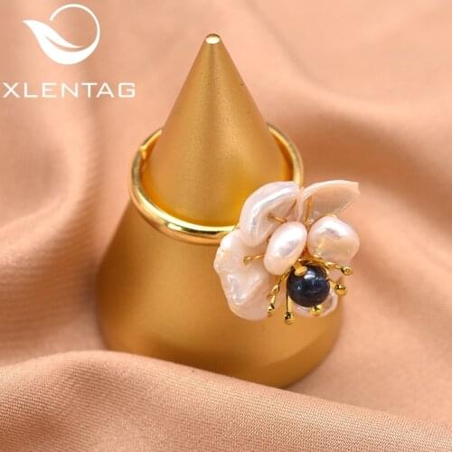 XlenAg Natural Baroque Flowershaped Handmade Ring Dark Blue Round Pearl Womens Feminism Independent Exquisite Jewelry GR0266C