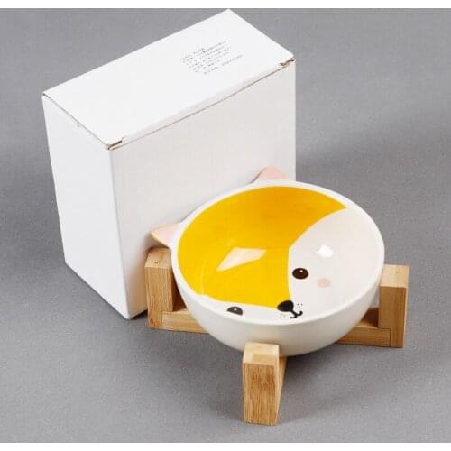 Dog Cat Food Water Feeder Puppy Ceramic Drinking Dish Bowl With Wooden Rack Pets Bowl Tableware