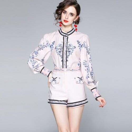 2021 Autumn New Fashion Suit Bowknot Lapel Half Sleeve Shirt + High Waist Slim Shorts Vintage Green Print Two Piece Set
