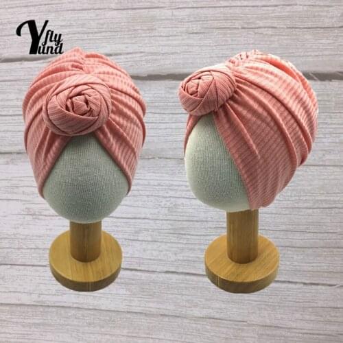 Yundfly Solid Color Striped Knitted Cotton Newborn Caps Fashion Handmade Folded Flower Baby Turban Hat Kids Headwear Photo Props