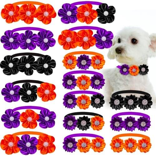 50/100pcs Dog Bow Tie Halloween Pet Supplies Flower Collar Diamond Small Dog Cat Bowties Necklace Holiday Small Dog Accessories