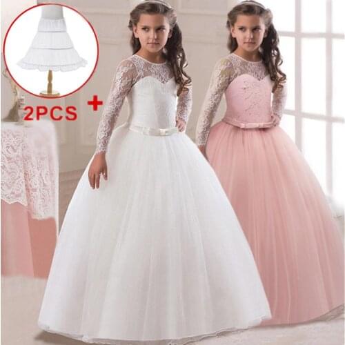 Flower Girls Birthday Banquet Long Sleeve Lace Stitching Dress Elegant Girls Wedding Long White Bow Lace Party Dress