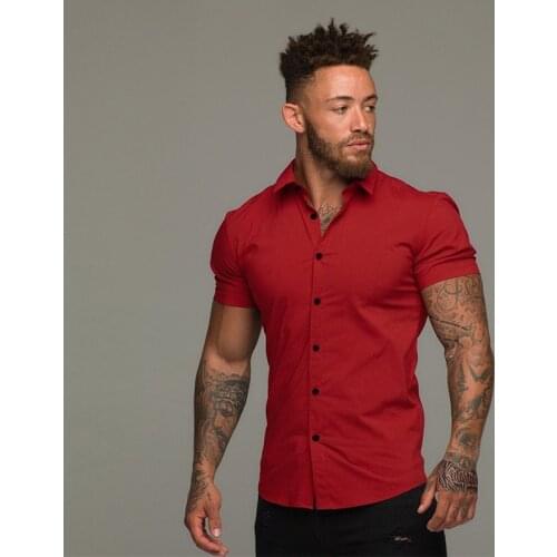 Summer Fashion Short Sleeve Shirt Men Solid Super Slim Fit Male Social Business Dress Shirt Brand Gym Fitness Sports Clothing