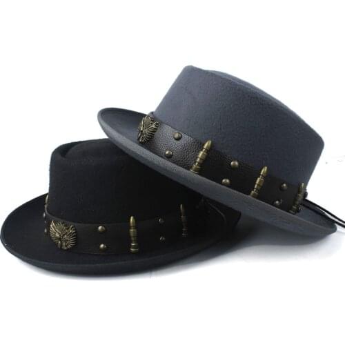 2019 Pork Pie Hat for Men Women with Punk Belt Fashion Wool Fedora Trilby Fascinator Hat Pop Church Hat Size 58CM