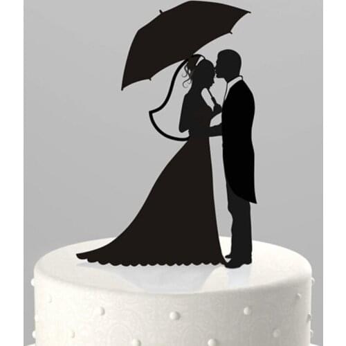 Wedding Cake Topper Silhouette Groom with Bride holding Umbrella Acrylic Cake Topper