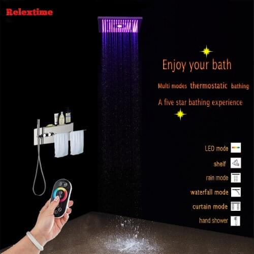 LED Embedded Ceiling Shower Head Rain Shower System Set Thermostatic Valve Bathroom Faucet Concealed Mixer Panel towel shelf