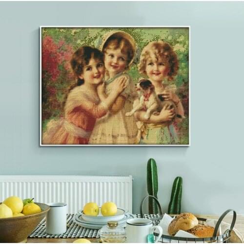 Three Little Angel Cross Stitch Handmade DIY Embroidery Three Cute Little Girls Images 11ct 14ct Printed Embroidery Sewing Kit