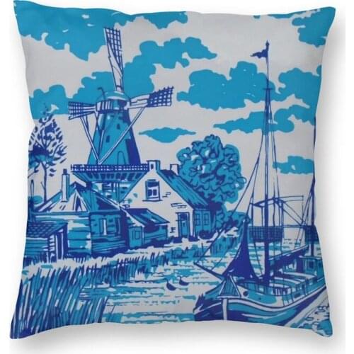 Vintage Blue Delft Tile Print Throw Pillow Cover Decoration Square Dutch Sailboat Art Cushion Cover 45x45cm Pillowcover for Sofa