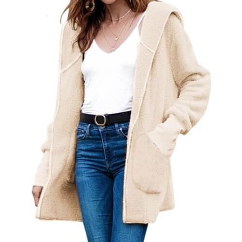 Women Warm Fleece Elegant Hooded Jacket Autumn Winter Long-Sleeved Warm Parka Coat Ladies Big Pocket Cardigan Jacket Outwear
