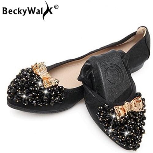 2021 Spring Summer Ballet Flat Shoes Women Foldable Fashion Beaded Shoes Woman Flats Slip On zapatos mujer Size 34-43 WSH2533