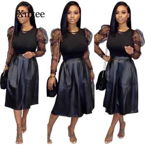 Top+Midi Dress Outfits Pu Loose Skirt Two Piece Suits Mesh Long Sleeve Autumn O Neck T Women Elegant Black Plus Size Sets black