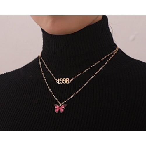 Vintage Temperament Number 1998 Butterfly Pendant Necklace for Women Double Layer Chains Geometric Clavicle Necklace Jewelry