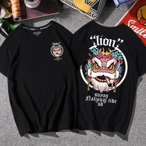 100% Cotton Harajuku Lion Dance Print T Shirt Chinese Style Vintage Korean Version Clothes Oversized Popular Hip Hop Streetwear