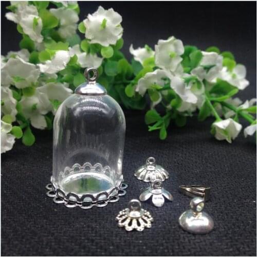 100sets 25*18mm wide mouth tube glass globe with silver plated double lace base tray beads cap set vials bottle pendant jewelry